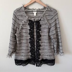 Chico’s Fringe Lace Wool Blend Cardigan Jacket Size 2 L Black & White Office